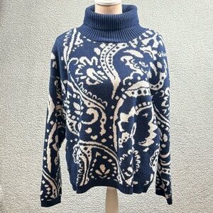 St. John's Bay Navy and Cream Paisley Turtleneck Sweater